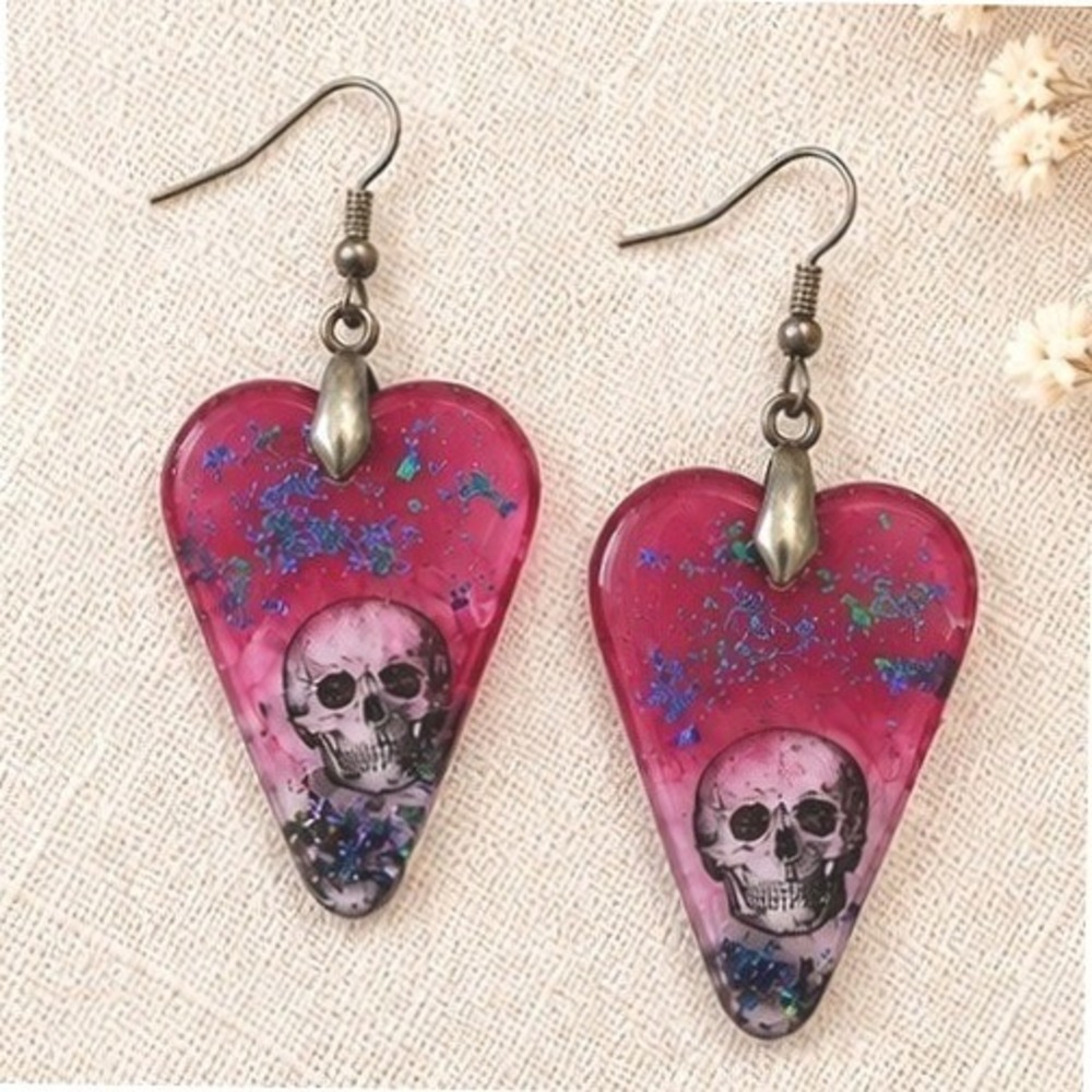 Handmae Heart Guitar Pick Style Earrings Pink Skull Goth Resin Halloween